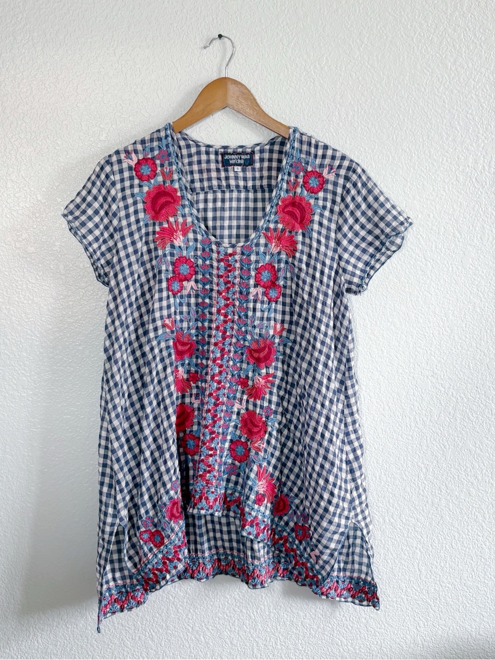 Vintage Johnny Was Workshop Blue Gingham Floral Embroidered Top Tunic Small